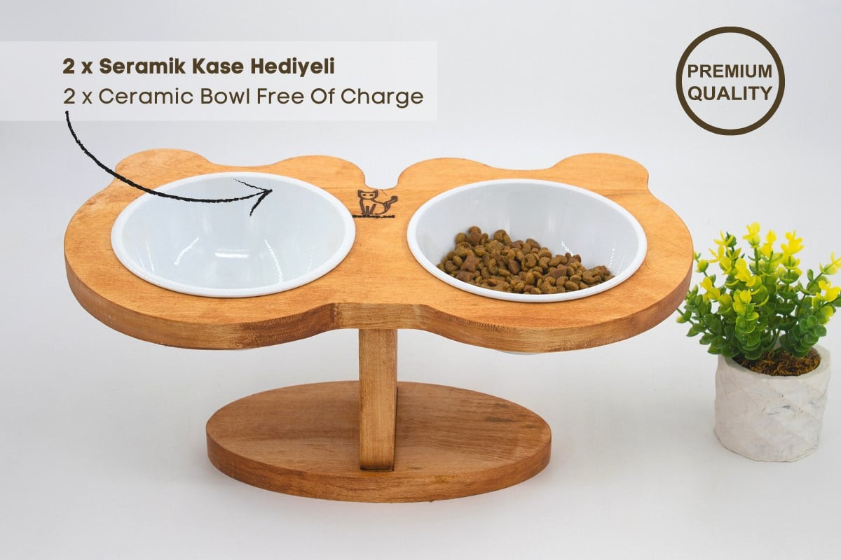 Kedi Köpek Mama Ve Su Kabı-Seramik İki Adet Kase Hediyeli-Gerçek Ahşap-Armut Kiraz-BuShop Boncuk Preminyum