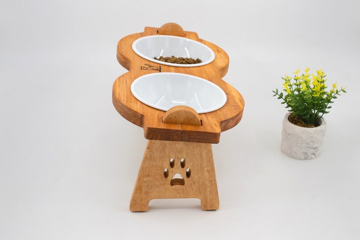 Kedi Köpek Mama Ve Su Kabı-Melamin İki Adet Kase Hediyeli-Gerçek Ahşap-Armut Kiraz-BuShop Mişa 
