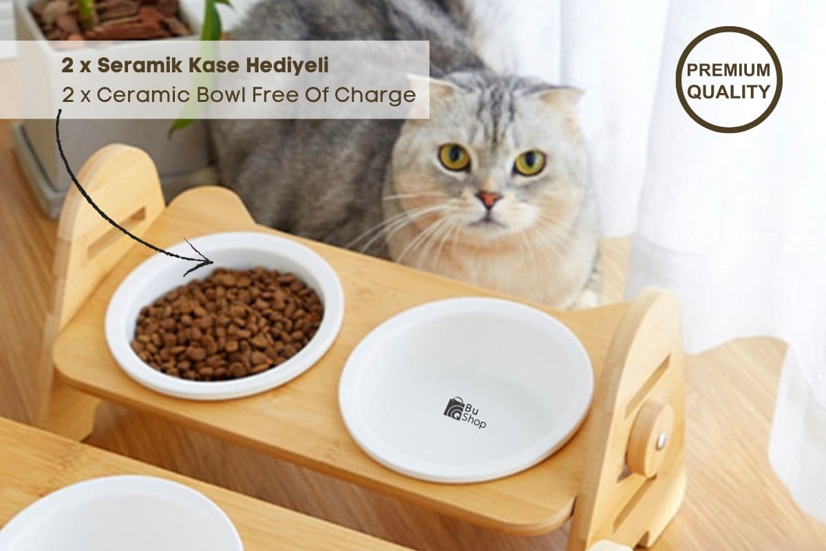 Kedi Köpek Mama Ve Su Kabı-Seramik İki Adet Kase Hediyeli-Gerçek Ahşap-Kayın Renk-BuShop Shell Preminyum 