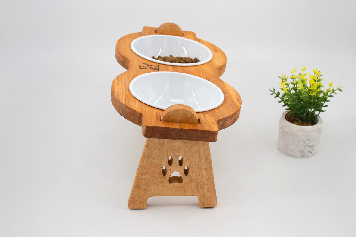Kedi Köpek Mama Ve Su Kabı-Seramik İki Adet Kase Hediyeli-Gerçek Ahşap-Armut Kiraz-BuShop Mişa Preminyum 