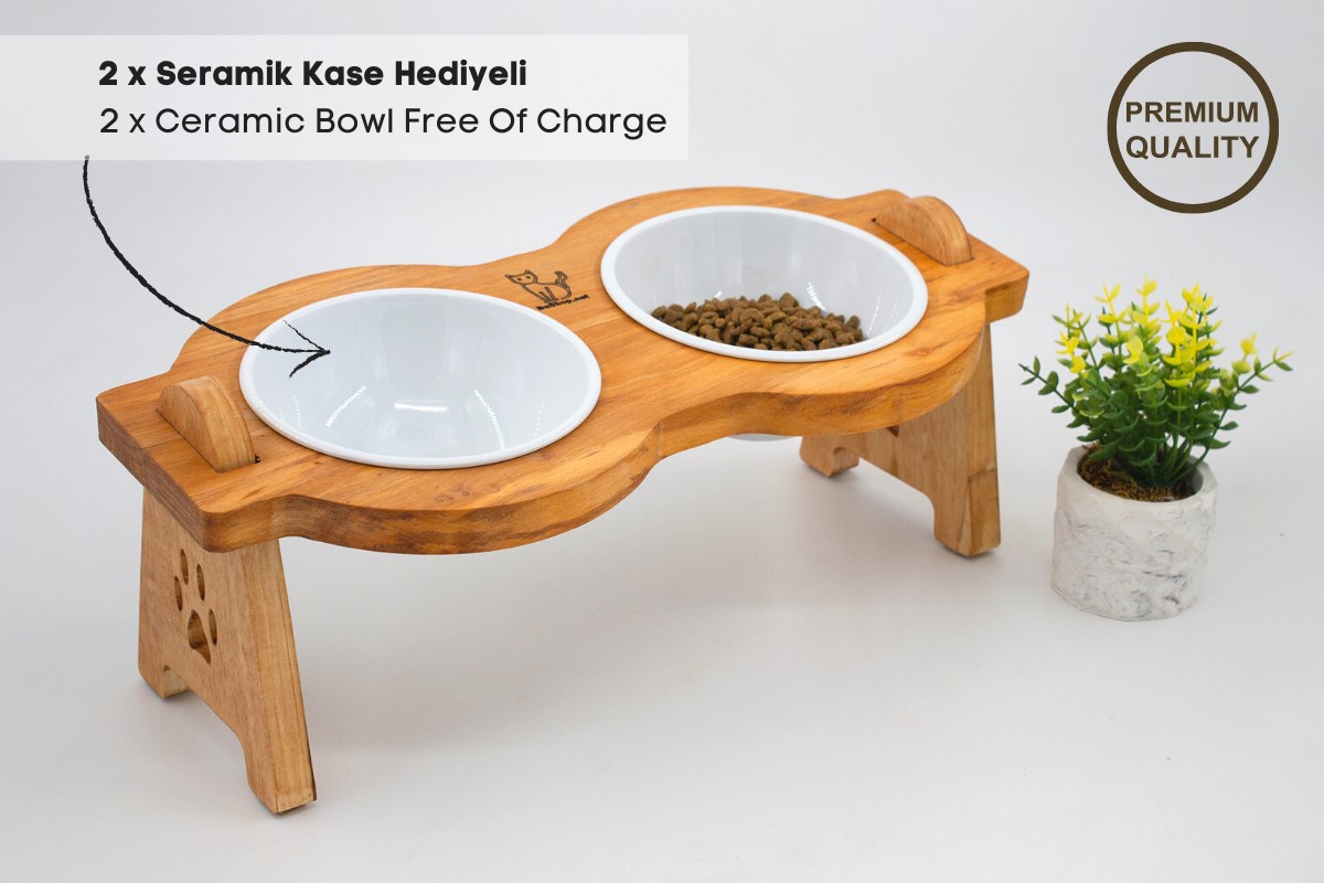 Kedi Köpek Mama Ve Su Kabı-Seramik İki Adet Kase Hediyeli-Gerçek Ahşap-Armut Kiraz-BuShop Mişa Preminyum 