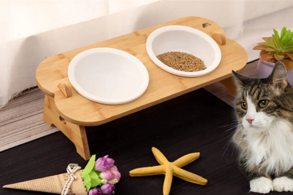 Kedi Köpek Mama Ve Su Kabı-Kırılmaz Melamin İki Adet Kase Hediyeli-Gerçek Ahşap-Kayın Renk-BuShop Shell 