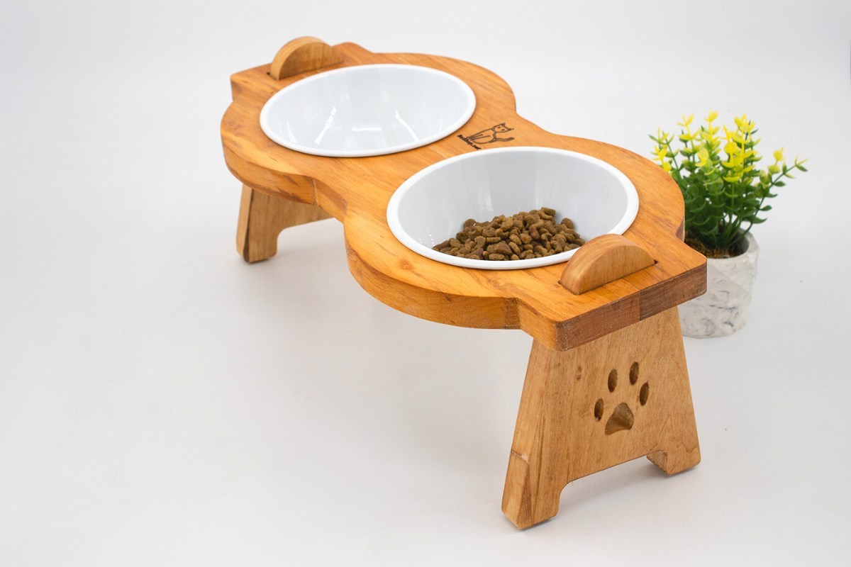 Kedi Köpek Mama Ve Su Kabı-Melamin İki Adet Kase Hediyeli-Gerçek Ahşap-Armut Kiraz-BuShop Mişa 