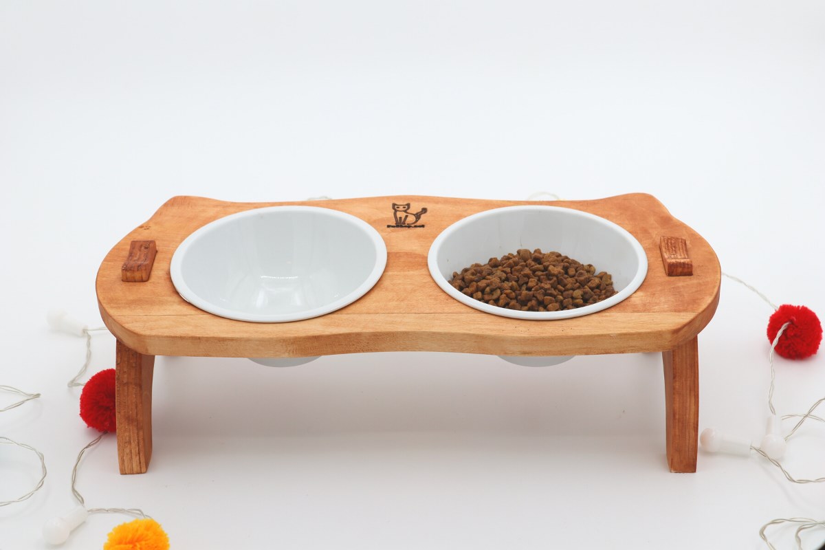 Kedi Köpek Mama Ve Su Kabı-Seramik İki Adet Kase Hediyeli-Gerçek Ahşap-Armut Kiraz-BuShop Mızmız Preminyum 