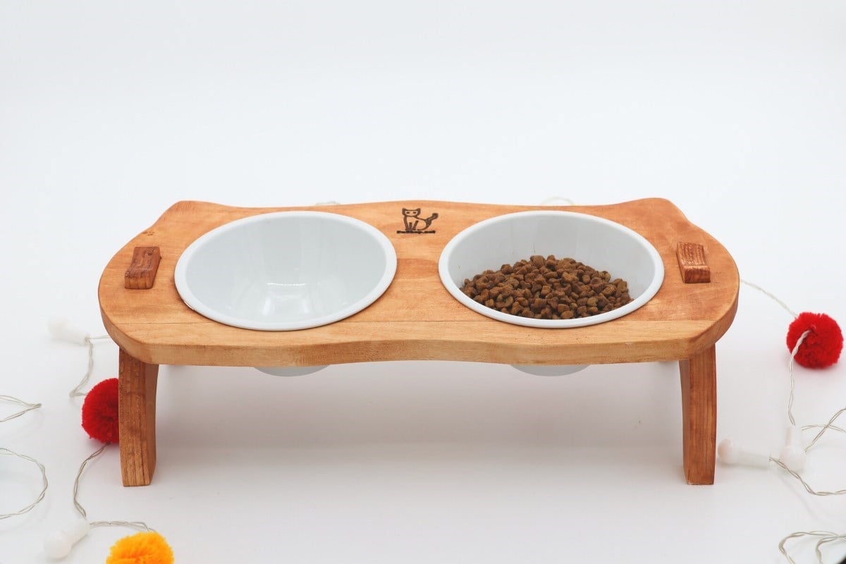 Kedi Köpek Mama Ve Su Kabı-Kırılmaz Melamin İki Adet Kase Hediyeli-Gerçek Ahşap-Armut Kiraz-BuShop Mızmız