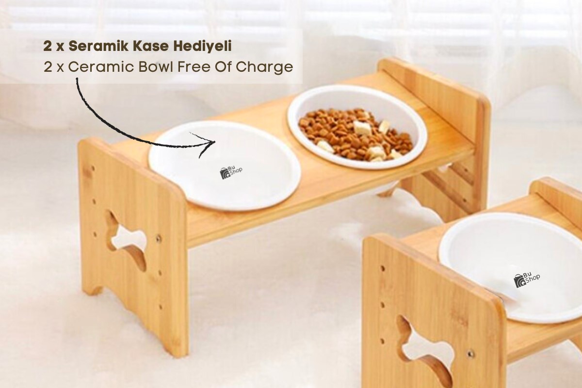  Kedi Köpek Mama  ve Su Kabı  ikili  Lüx Ahşap BuShop Kemik modeli