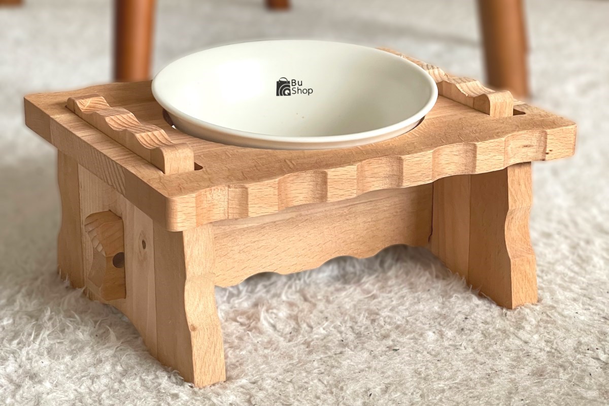 Kedi Köpek Mama Ve Su Kabı-Melamin Tek Adet Kase Hediyeli-Gerçek Ahşap-Kayın Renk-BuShop Enrico 