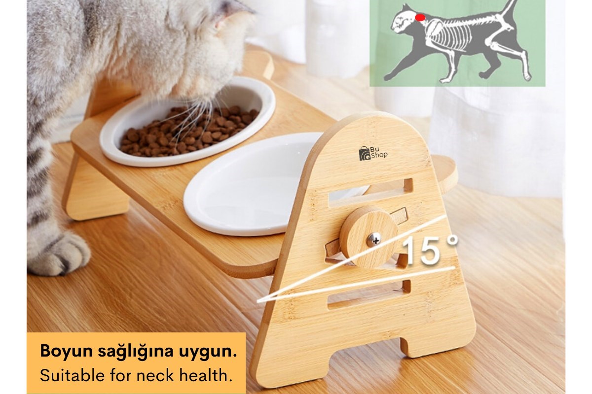 Kedi Köpek Mama Ve Su Kabı-Melamin Üç Adet Kase Hediyeli-Gerçek Ahşap-Kayın Renk-BuShop Alfa