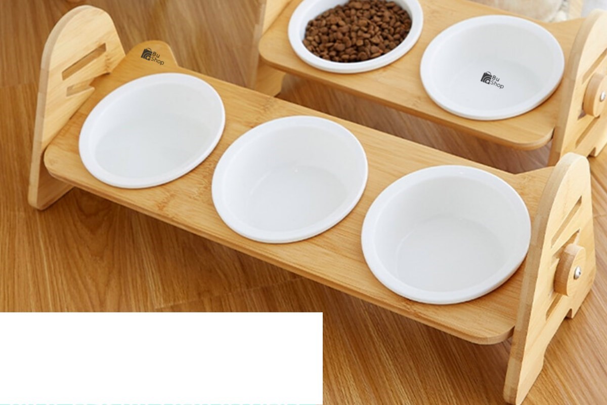 Kedi Köpek Mama Ve Su Kabı-Melamin Üç Adet Kase Hediyeli-Gerçek Ahşap-Kayın Renk-BuShop Alfa