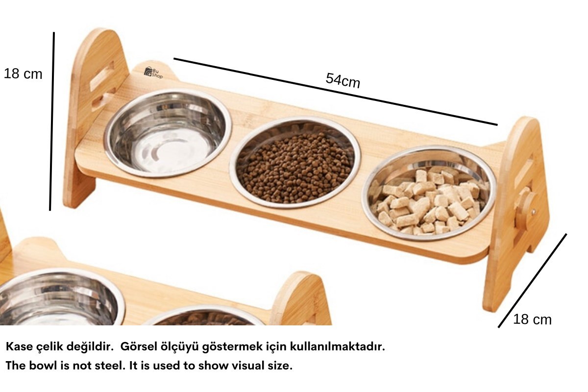 Kedi Köpek Mama Ve Su Kabı-Melamin Üç Adet Kase Hediyeli-Gerçek Ahşap-Kayın Renk-BuShop Alfa