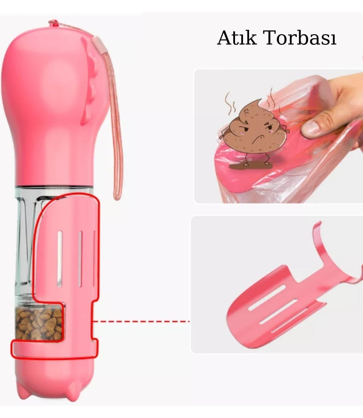 Kedi Köpek Taşınabilir  Mamalığı  ve Seyahat Suluğu Şişesi  BuShop Atık Torbalı Pembe