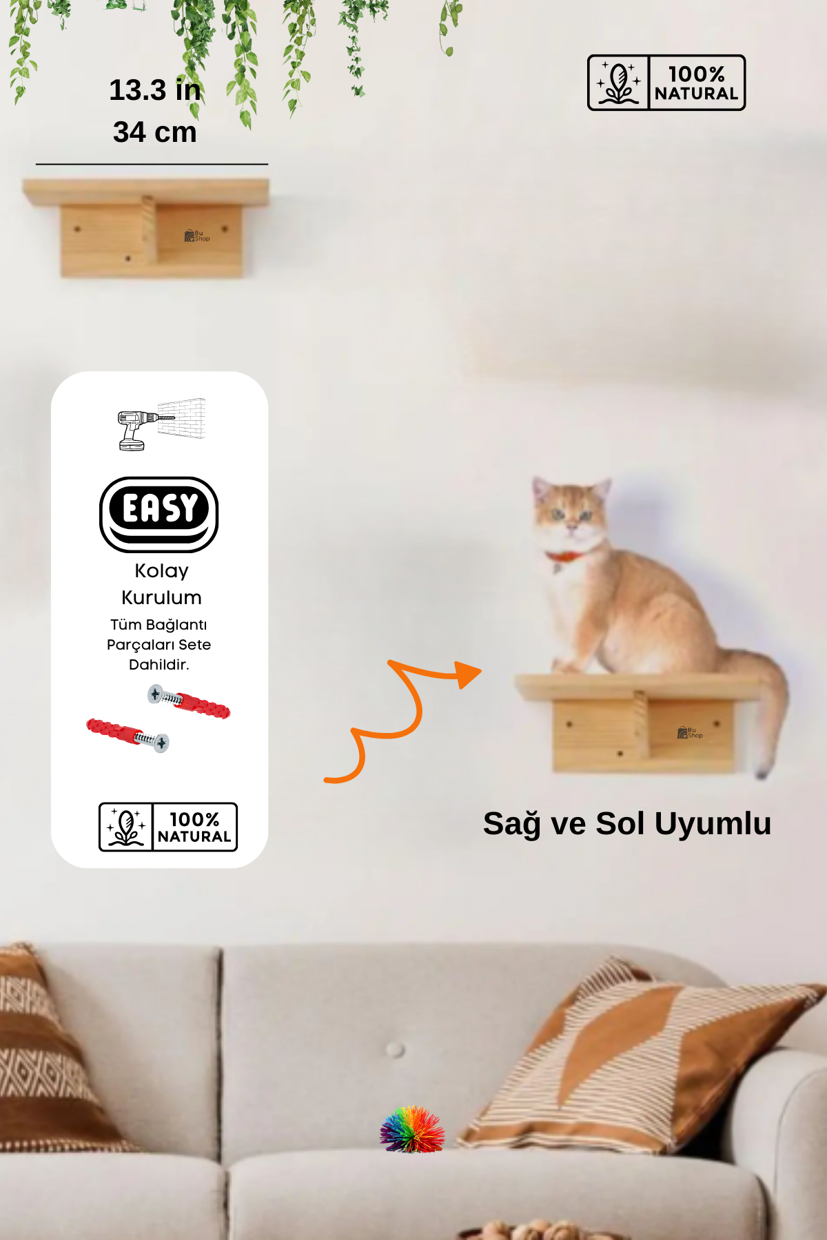 kedi merdiveni, kedi tırmalaması, Kedi Tırmanma Duvar Merdiveni, Doğal 2 Parça, BuShop