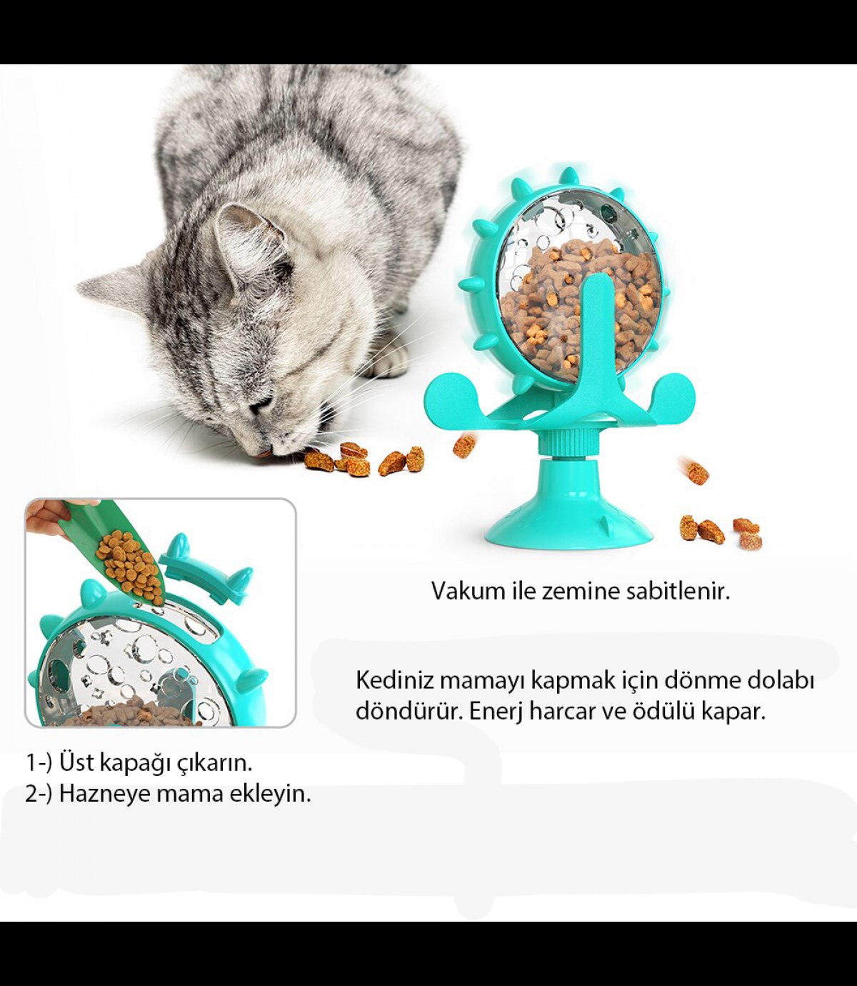 Kedi Oyuncağı Vakum ile Zemine Sabitlenir.BuShop Dönme Dolap Döndükçe Zil Sesi ÇIkarır. Mama Dağıtır. 