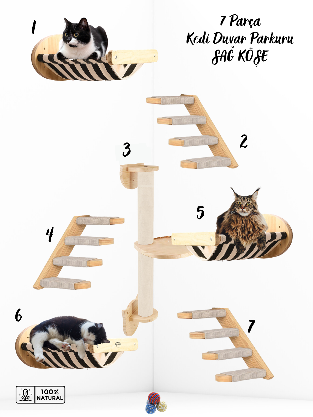 Kedi Parkuru, Kedi Evi, Kedi Yatağı, Kedi Duvar Evi, Kedi Duvar Rafı, Lüks 7 Parça Kedi Parkuru Beyaz Sağ