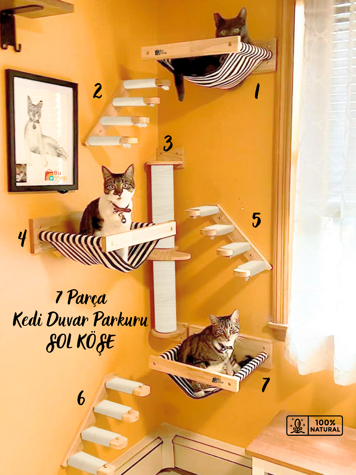 Kedi Parkuru, Kedi Evi, Kedi Yatağı, Kedi Duvar Evi, Kedi Duvar Rafı, Lüks 7 Parça Kedi Parkuru Beyaz Sol