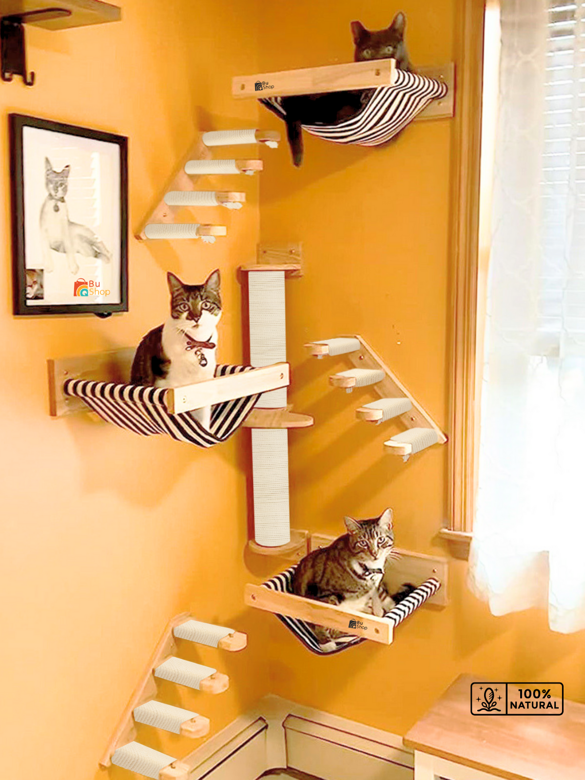 Kedi Parkuru, Kedi Evi, Kedi Yatağı, Kedi Duvar Evi, Kedi Duvar Rafı, Lüks 7 Parça Kedi Parkuru Beyaz Sol