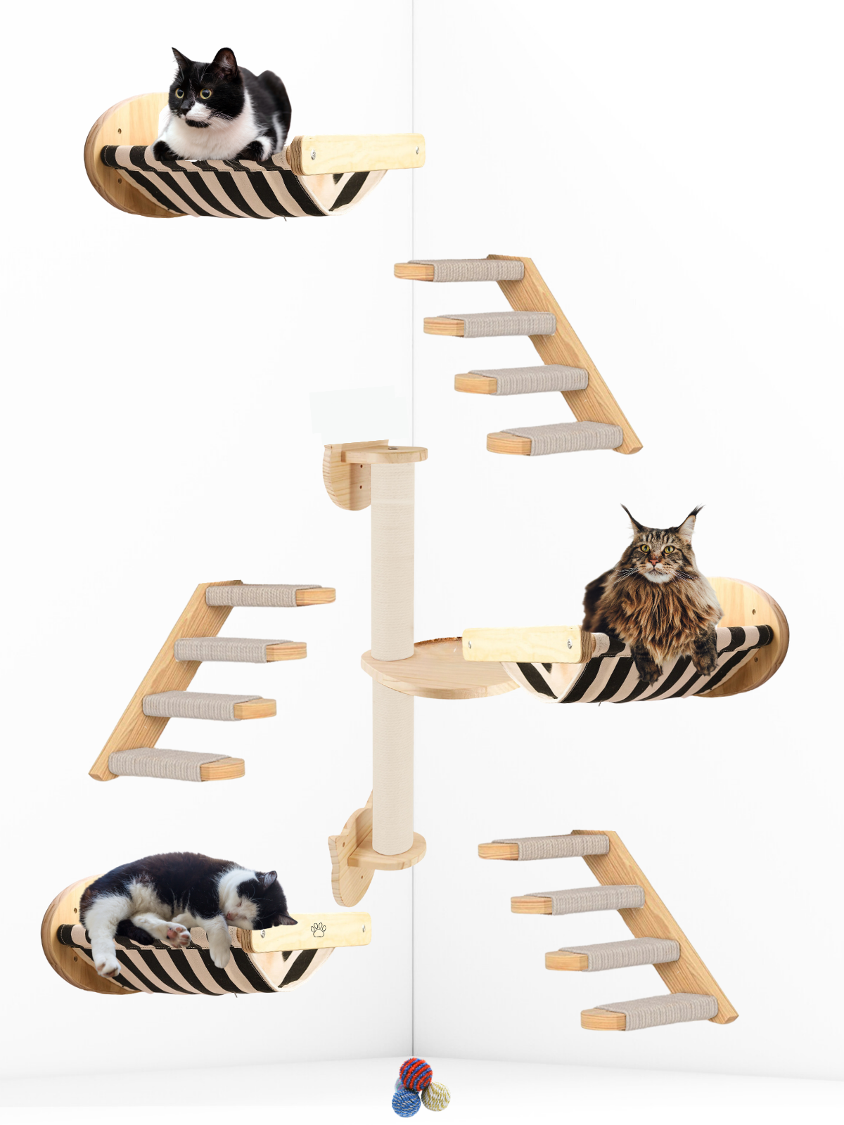 Kedi Parkuru, Kedi Evi, Kedi Yatağı, Kedi Duvar Evi, Kedi Duvar Rafı, Lüks 7 Parça Kedi Parkuru Beyaz Sağ