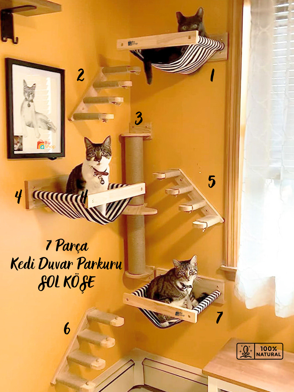 Kedi Parkuru, Kedi Evi, Kedi Yatağı, Kedi Duvar Evi, Kedi Duvar Rafı, Lüks 7 Parça Kedi Parkuru Sol