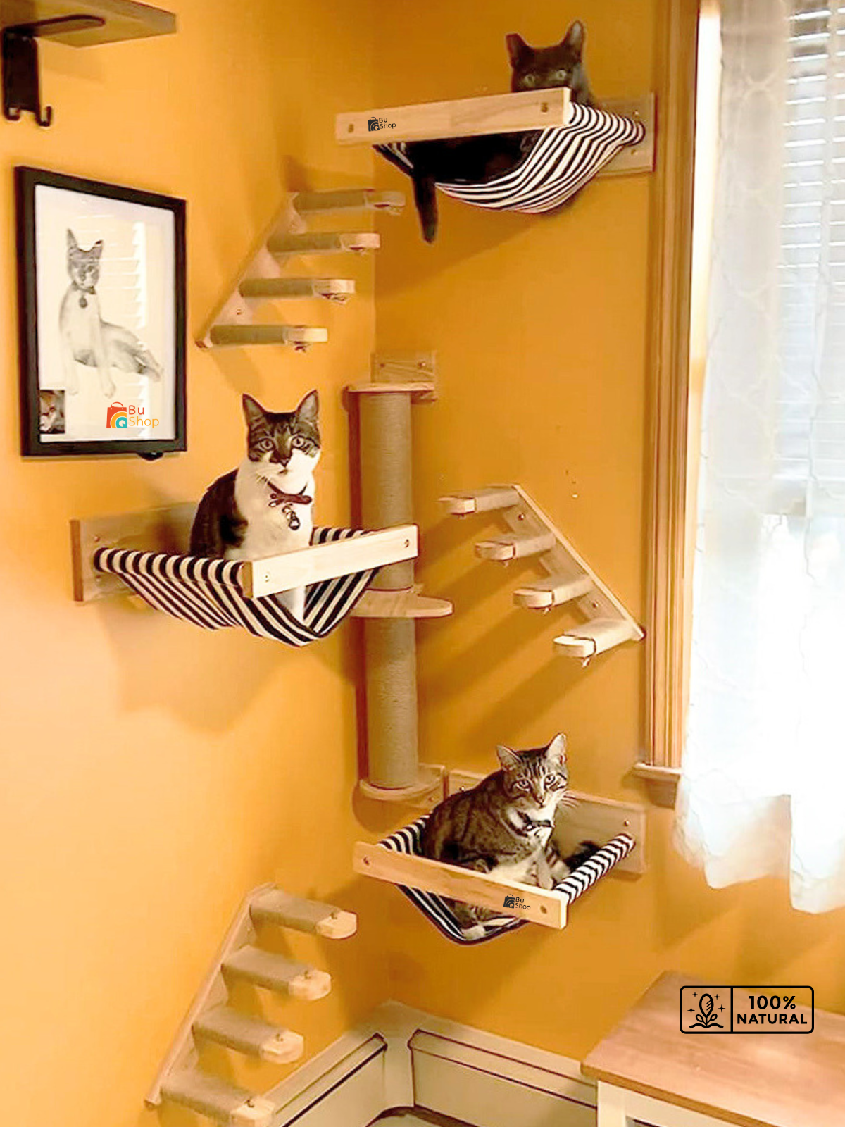 Kedi Parkuru, Kedi Evi, Kedi Yatağı, Kedi Duvar Evi, Kedi Duvar Rafı, Lüks 7 Parça Kedi Parkuru Sol