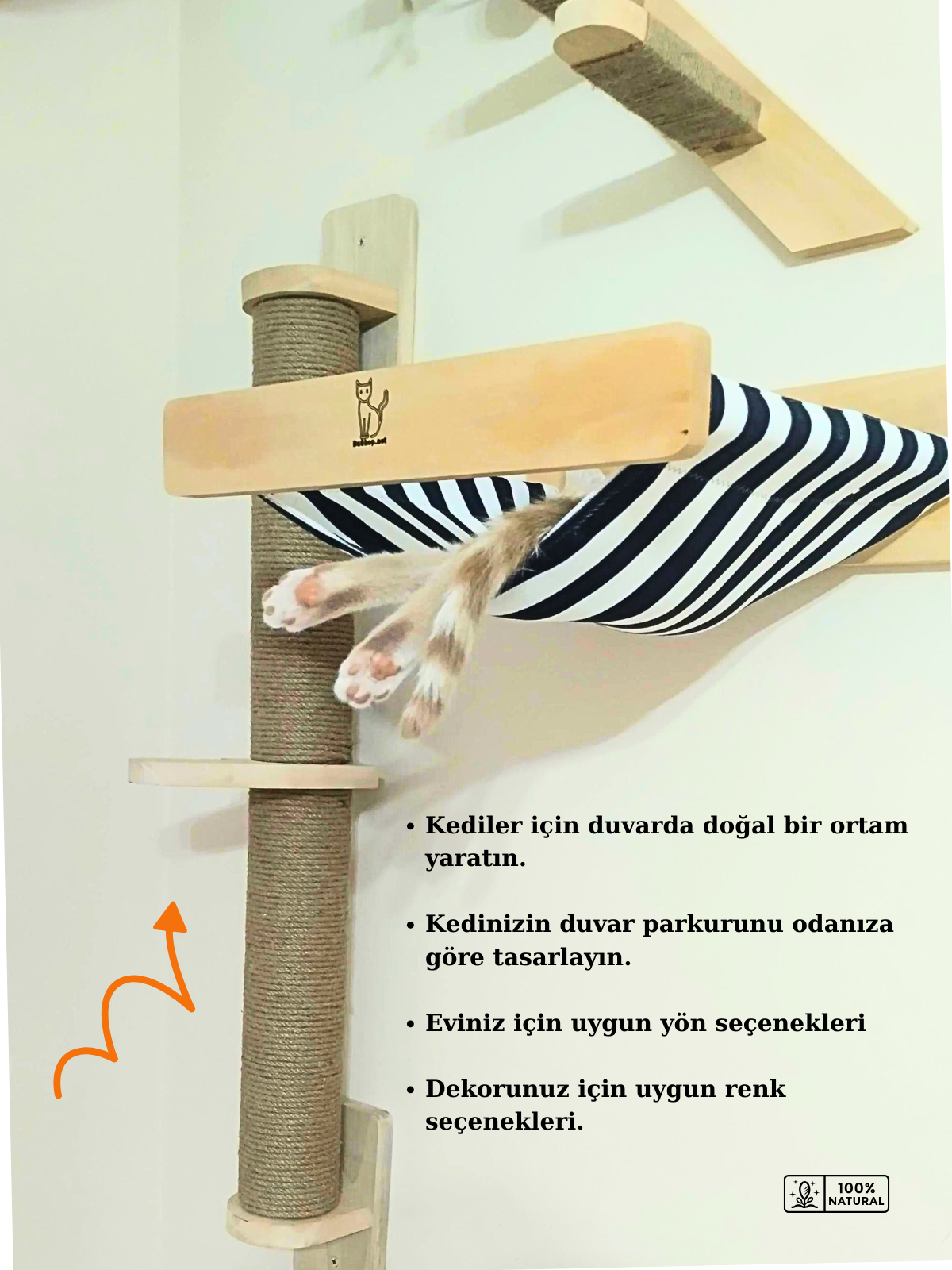 Kedi Parkuru, Kedi Evi, Kedi Yatağı, Kedi Duvar Evi, Kedi Duvar Rafı, Lüks 7 Parça Kedi Parkuru Sol
