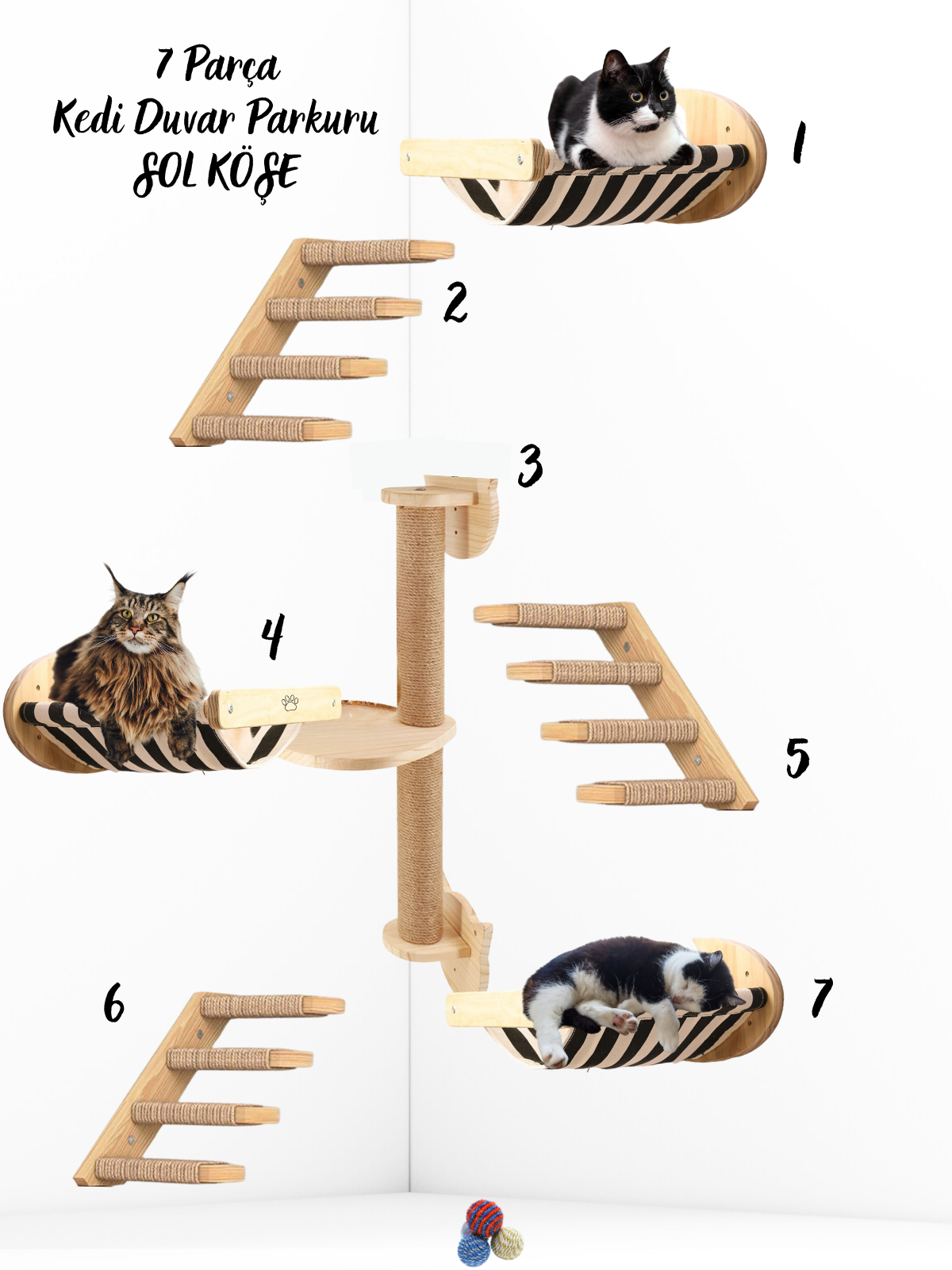 Kedi Parkuru, Kedi Evi, Kedi Yatağı, Kedi Duvar Evi, Kedi Duvar Rafı, Lüks 7 Parça Kedi Parkuru Sol