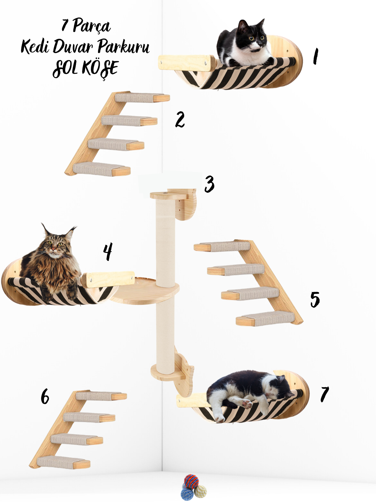 Kedi Parkuru, Kedi Evi, Kedi Yatağı, Kedi Duvar Evi, Kedi Duvar Rafı, Lüks 7 Parça Kedi Parkuru Beyaz Sol