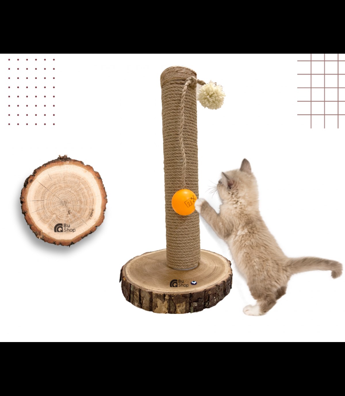 Kedi Tırmalama Tahtası Oyun Topu ve Ponpon Hediyeli BuShop Doğal Ağaç Yükseklik 42 cm  Fangorn