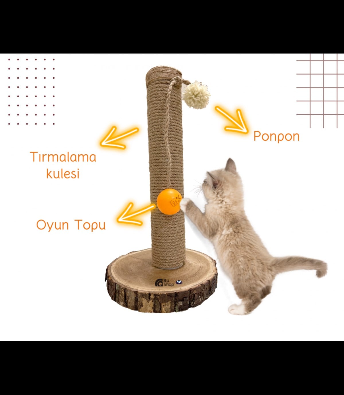 Kedi Tırmalama Tahtası Oyun Topu ve Ponpon Hediyeli BuShop Doğal Ağaç Yükseklik 42 cm  Fangorn