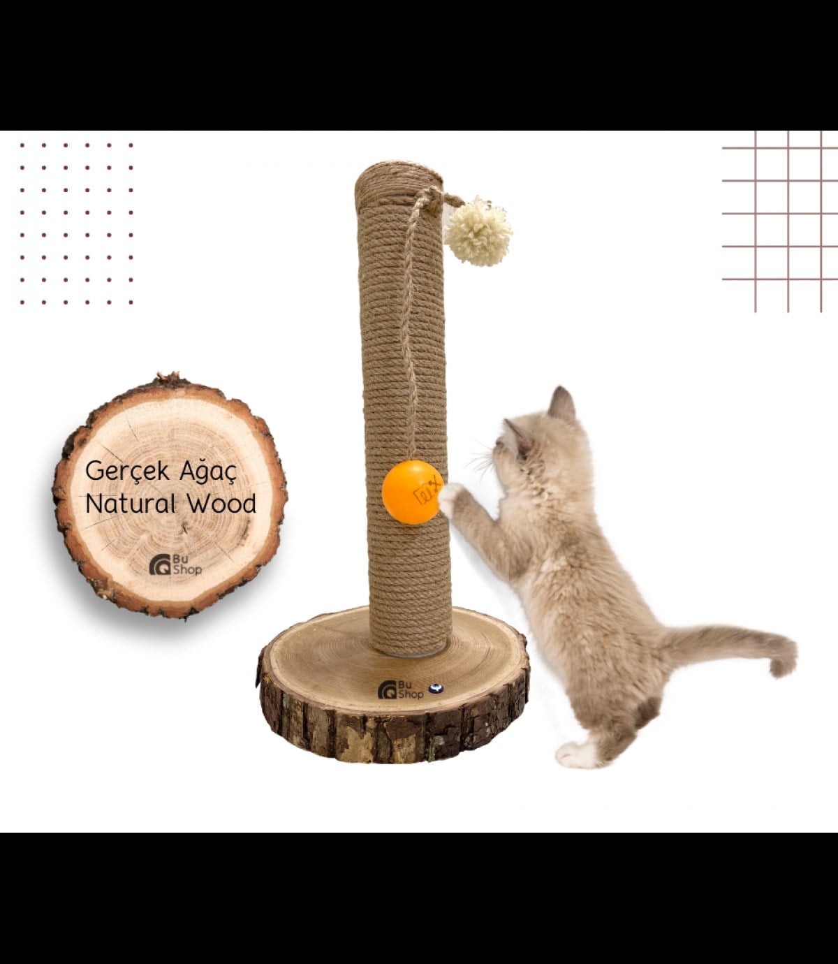 Kedi Tırmalama Tahtası Oyun Topu ve Ponpon Hediyeli BuShop Doğal Ağaç Yükseklik 42 cm  Fangorn