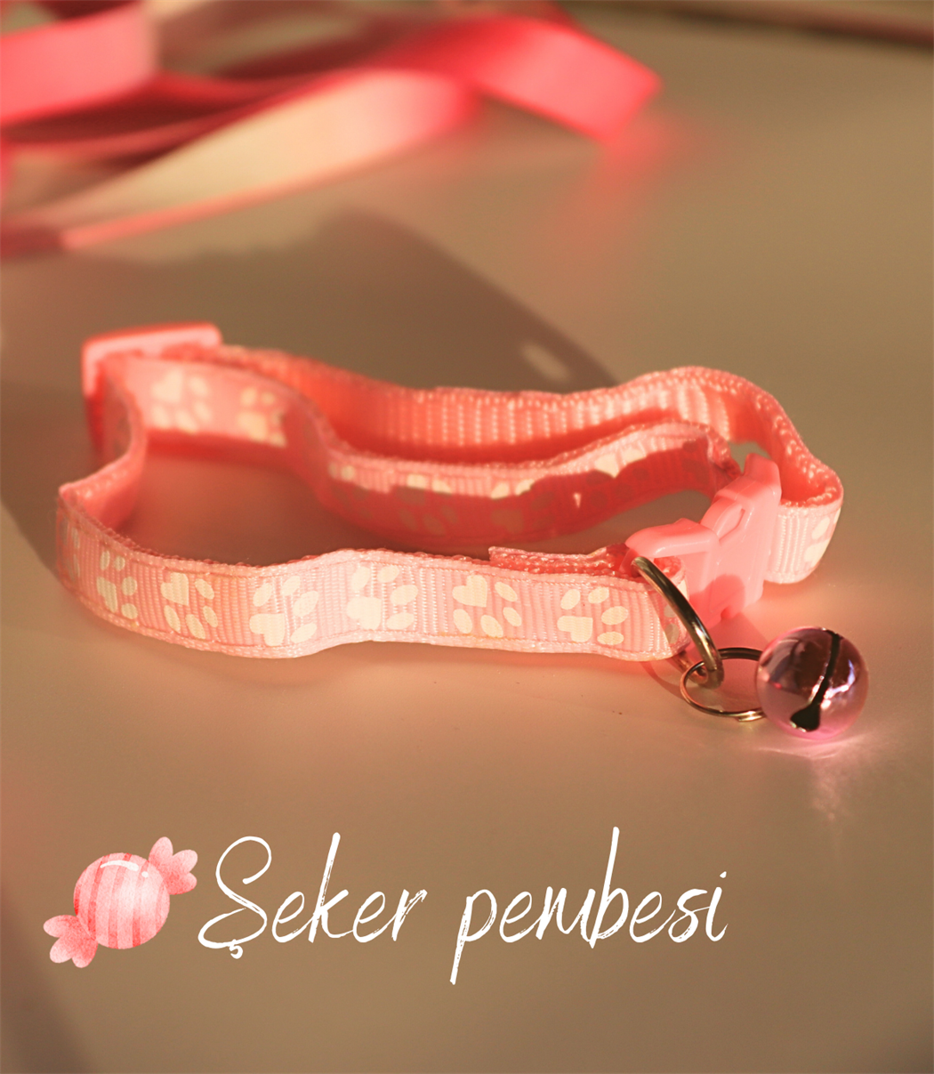 Kedi ve Köpek Boyun Tasması Pati Desenli ve Zilli-Pembe