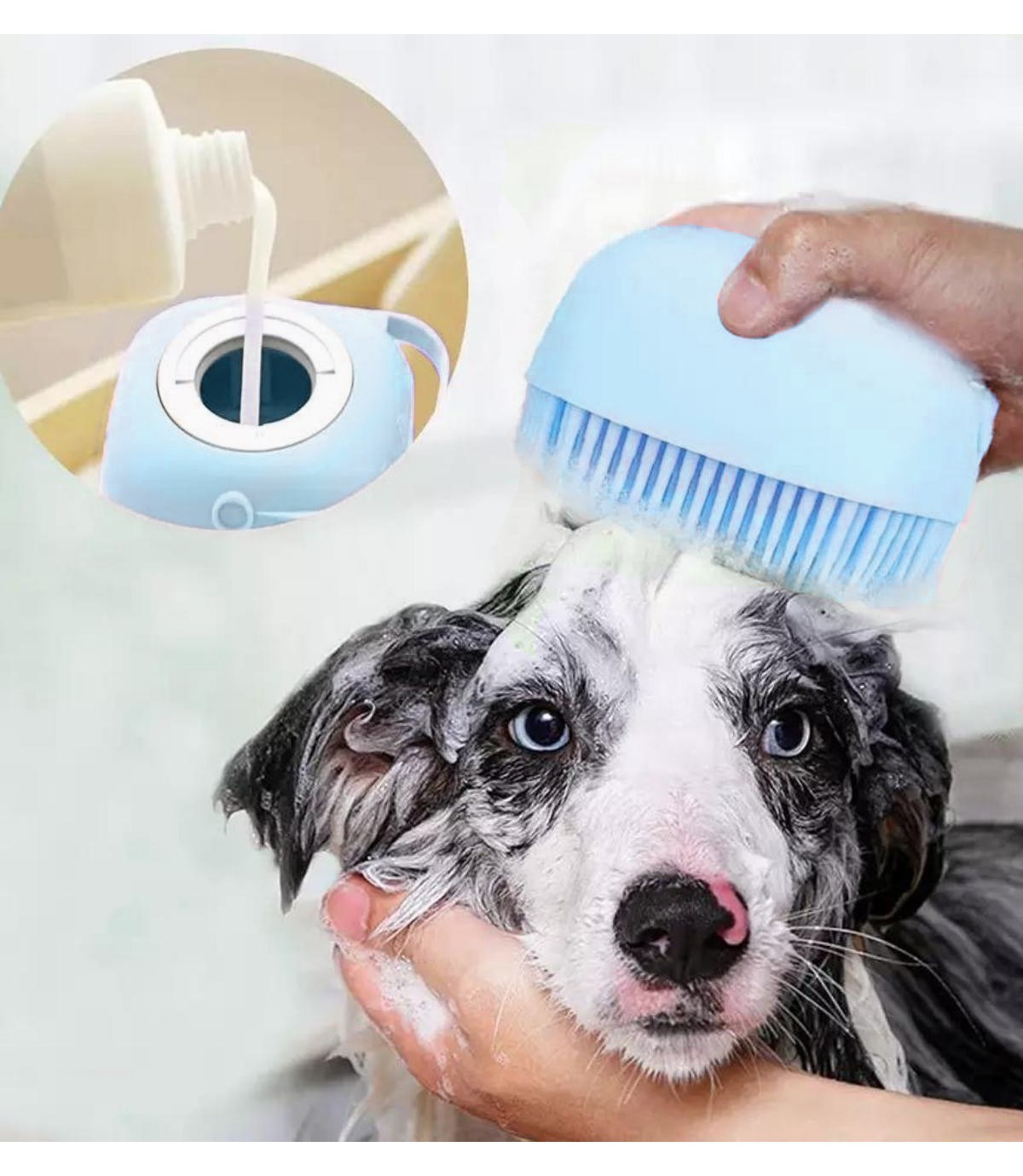 Kedi & Köpek Yıkama Fırçası ve Şampuan Hazneli Özel Silikon Mavi