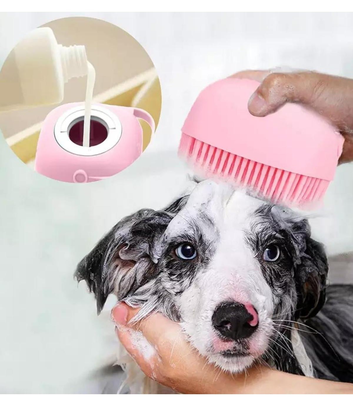 Kedi & Köpek Yıkama Fırçası ve Şampuan Hazneli Özel Silikon Pembe