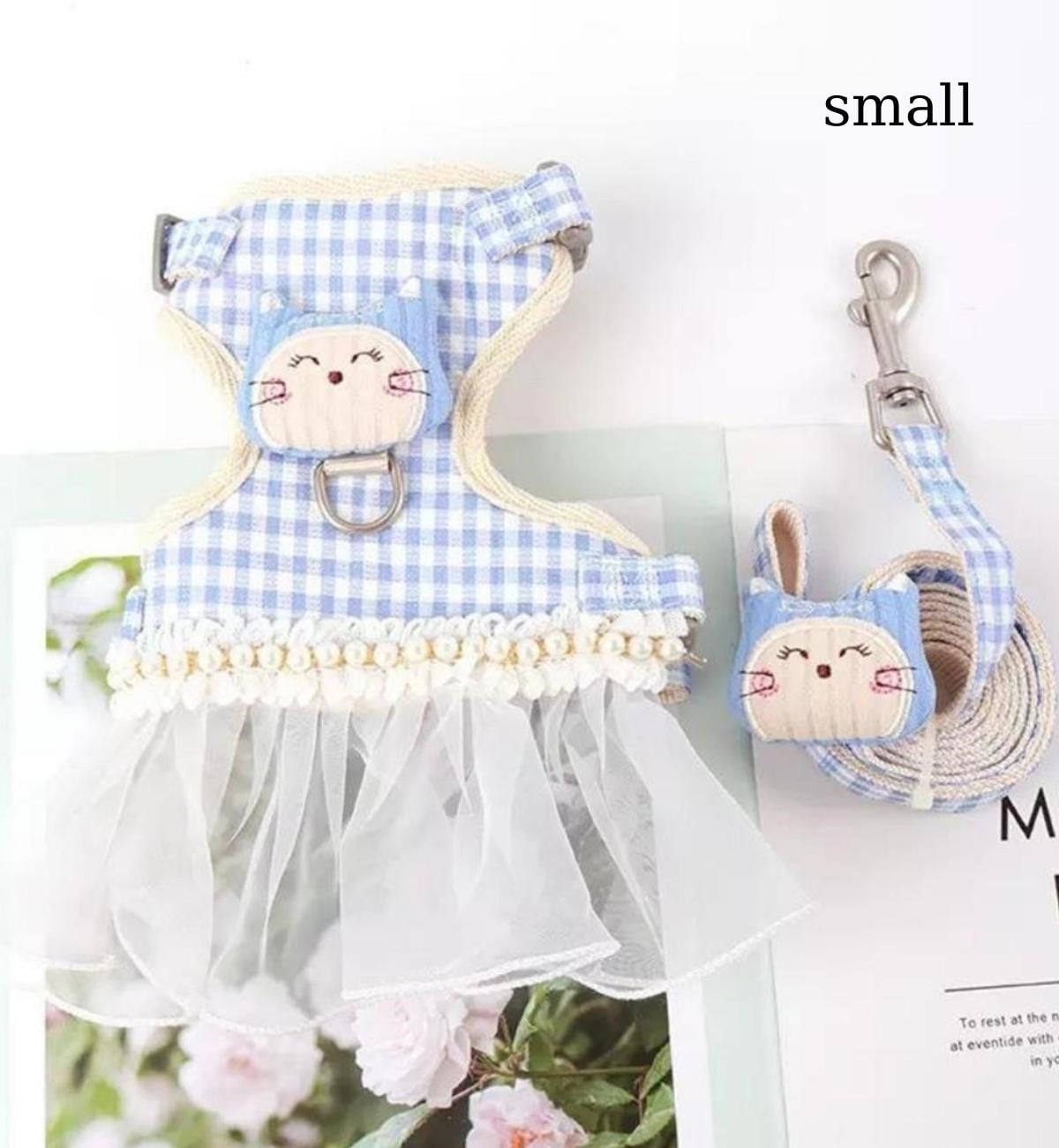 Kedi Giysisi Yürüyüş Tasmalı Kostüm Ekose Deseni BuShop Mavi S
