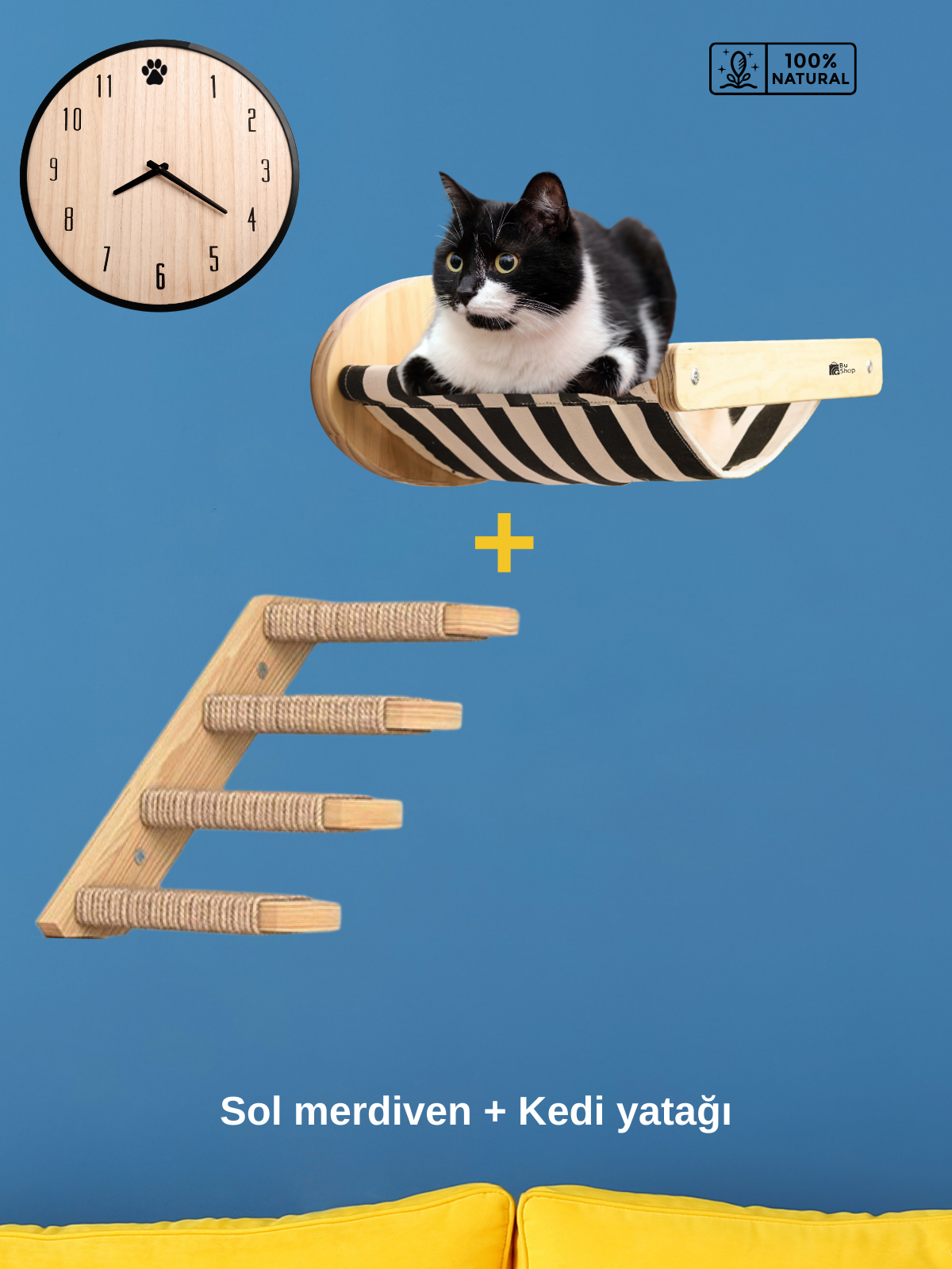 Duvara Monte Ahşap Siyah Bezli Kedi Hamağı BuShop doğal ahşap kedi Sol tek merdiven İkili set Kampanya Zebra Serisi