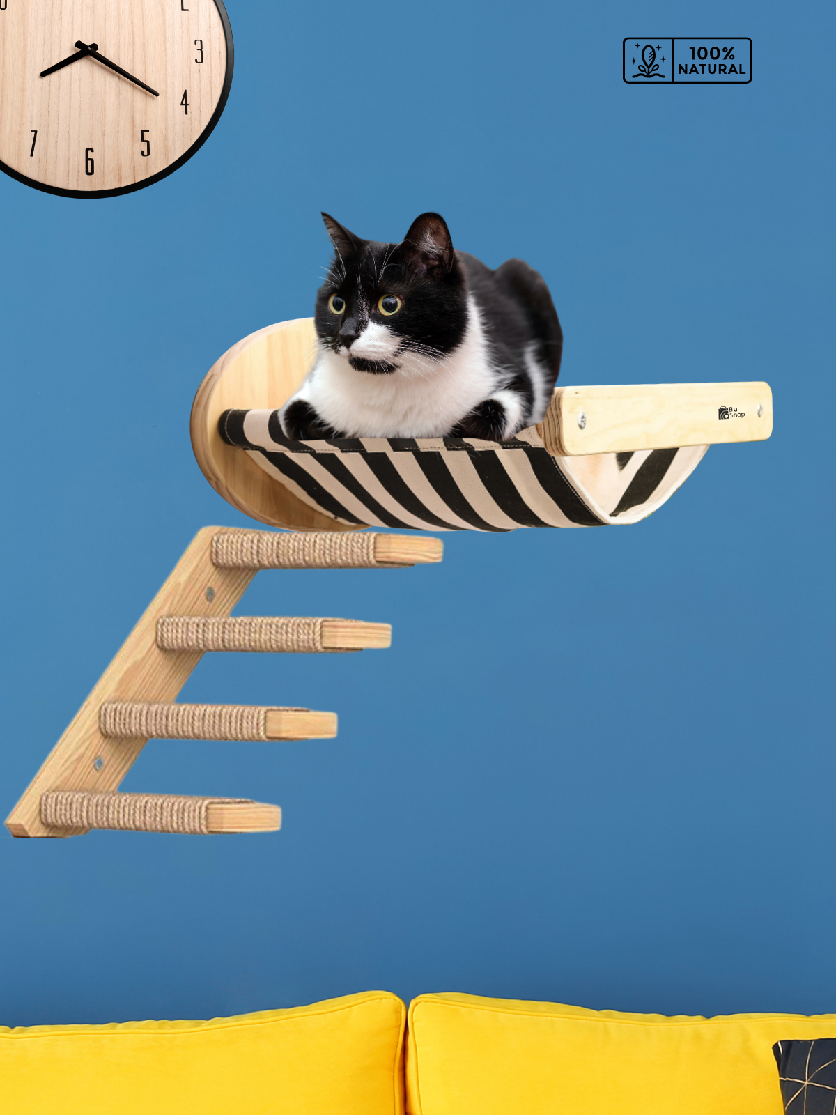 Duvara Monte Ahşap Siyah Bezli Kedi Hamağı BuShop doğal ahşap kedi Sol tek merdiven İkili set Kampanya Zebra Serisi