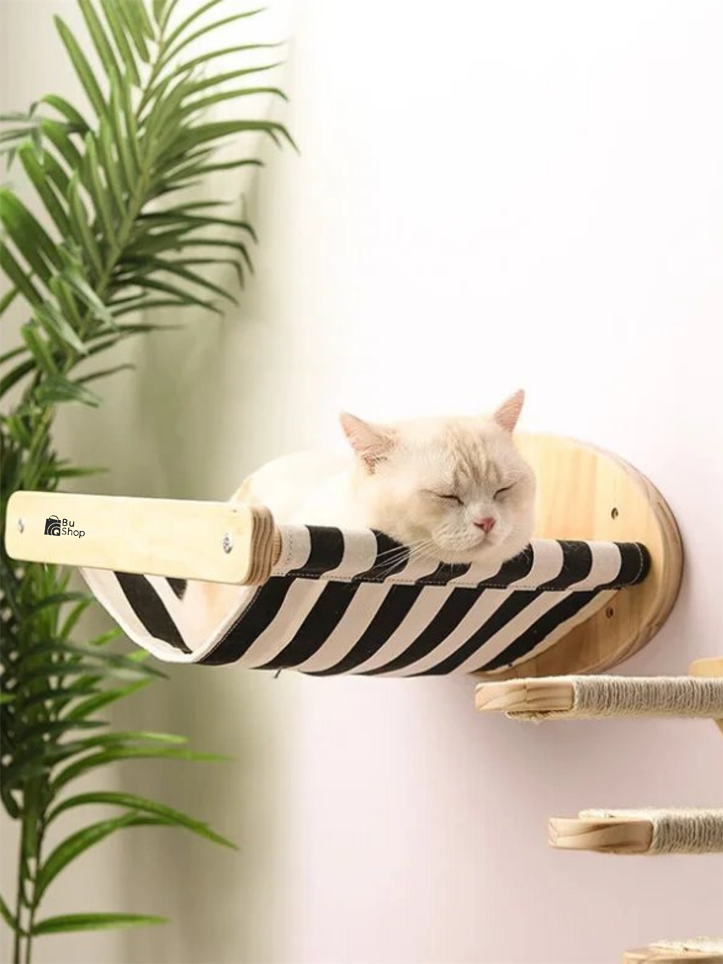 Duvara Monte Ahşap Siyah Bezli Kedi Hamağı BuShop doğal ahşap kedi Sağ tek merdiven İkili set Kampanya Zebra Serisi