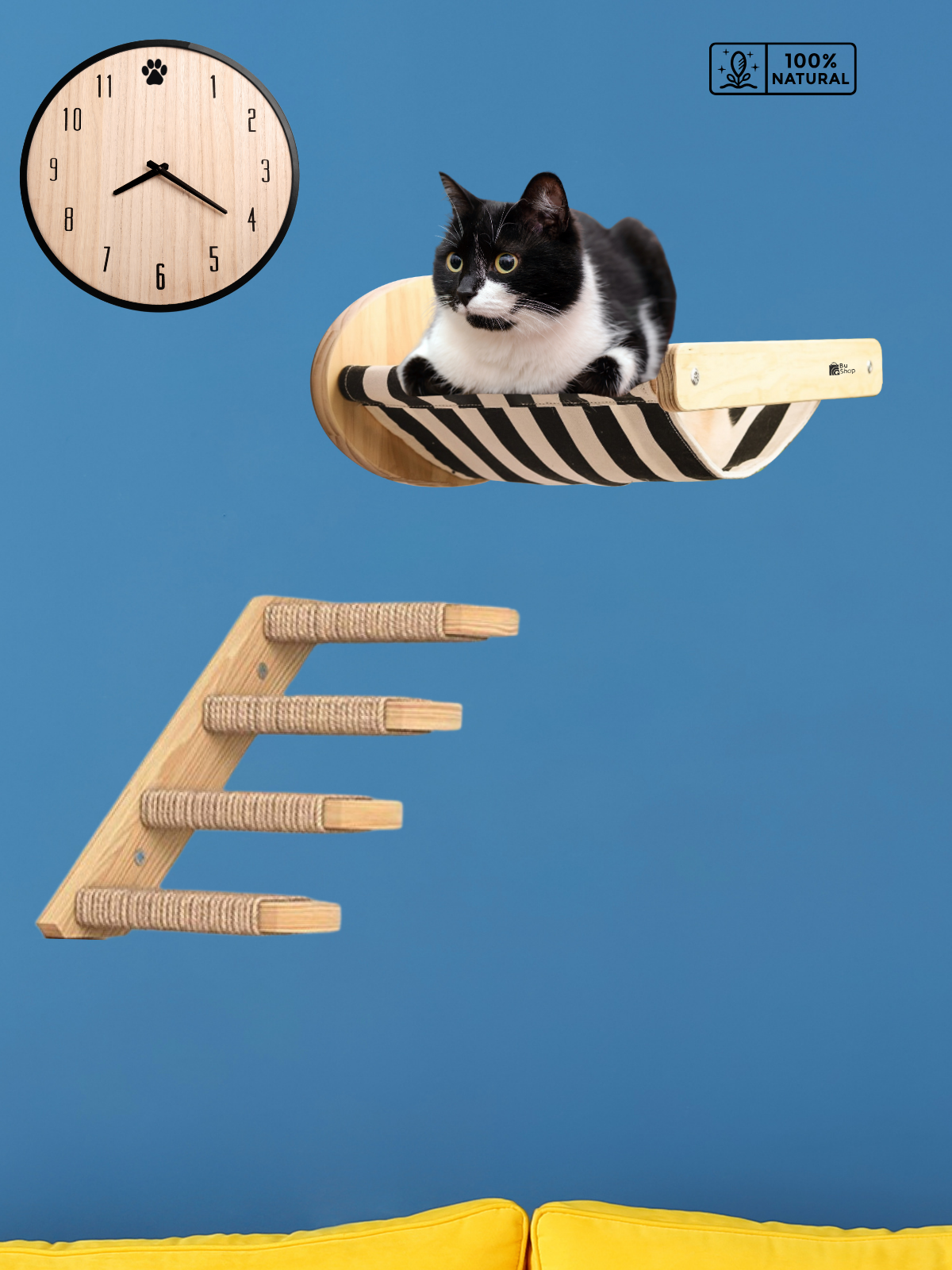Duvara Monte Ahşap Siyah Bezli Kedi Hamağı BuShop doğal ahşap kedi Sol tek merdiven İkili set Kampanya Zebra Serisi