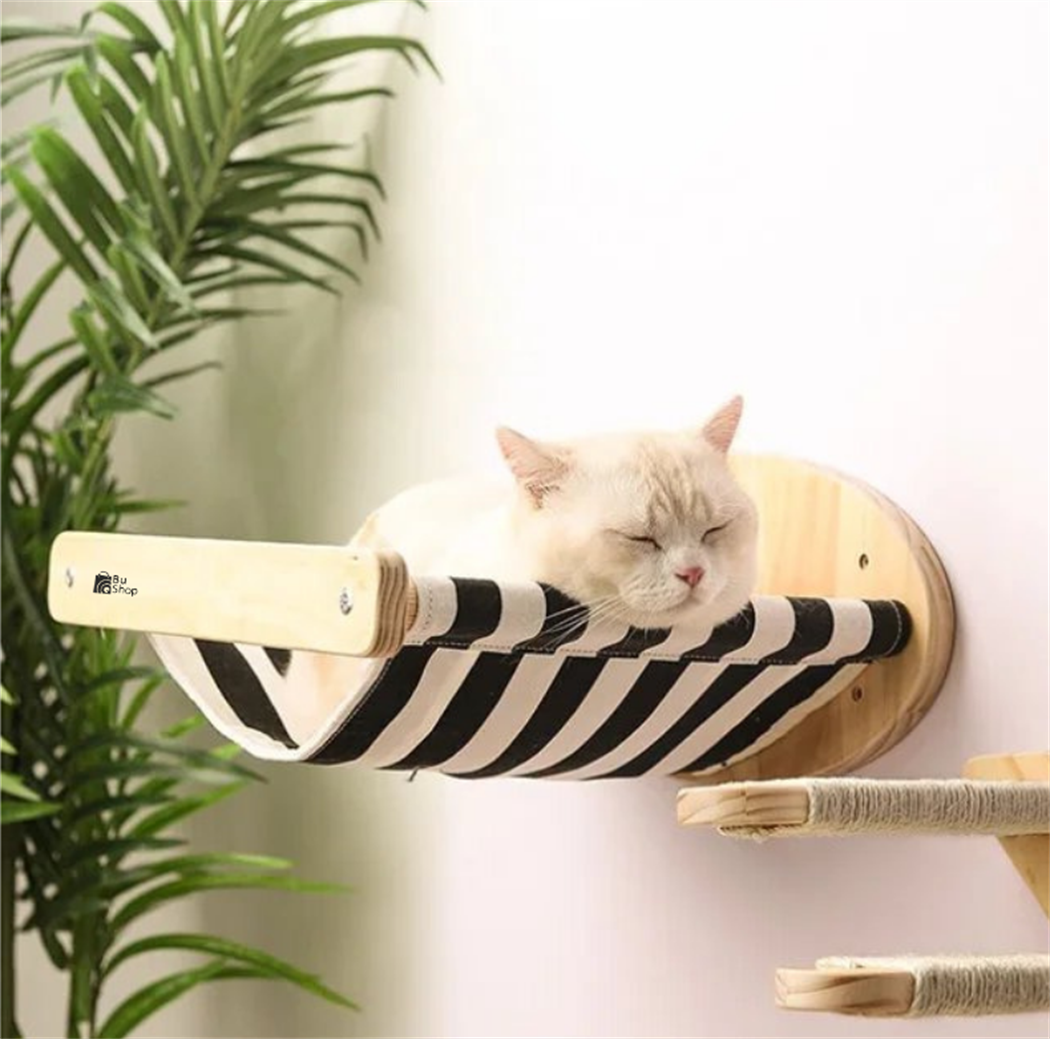 Duvara Monte Ahşap Siyah Bezli Kedi Hamağı BuShop doğal ahşap kedi Sağ tek merdiven İkili set Kampanya Zebra Serisi
