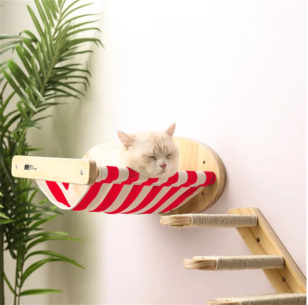 Kedi Yatağı, Kedi Yuvası, ve Kedi duvar yatağı, Kedi hamağı, + Sağ Tip Kedi Tırmanma Merdiveni, 2li Ahşap Modern Set, BuShop Zebra Serisi 