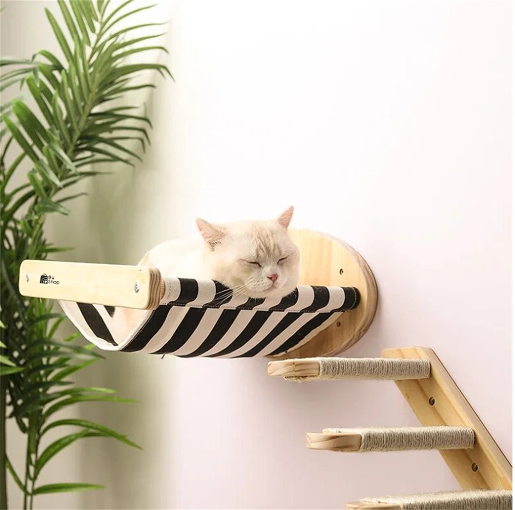 Duvara Monte Ahşap Siyah Bezli Kedi Hamağı BuShop doğal ahşap kedi Sağ tek merdiven İkili set Kampanya Zebra Serisi