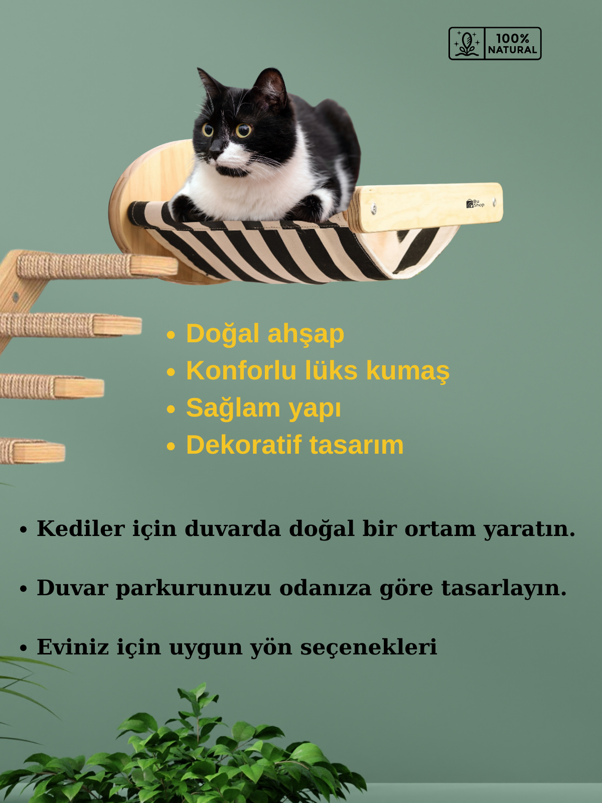 Duvara Monte Ahşap Siyah Bezli Kedi Hamağı BuShop doğal ahşap kedi Sol tek merdiven İkili set Kampanya Zebra Serisi