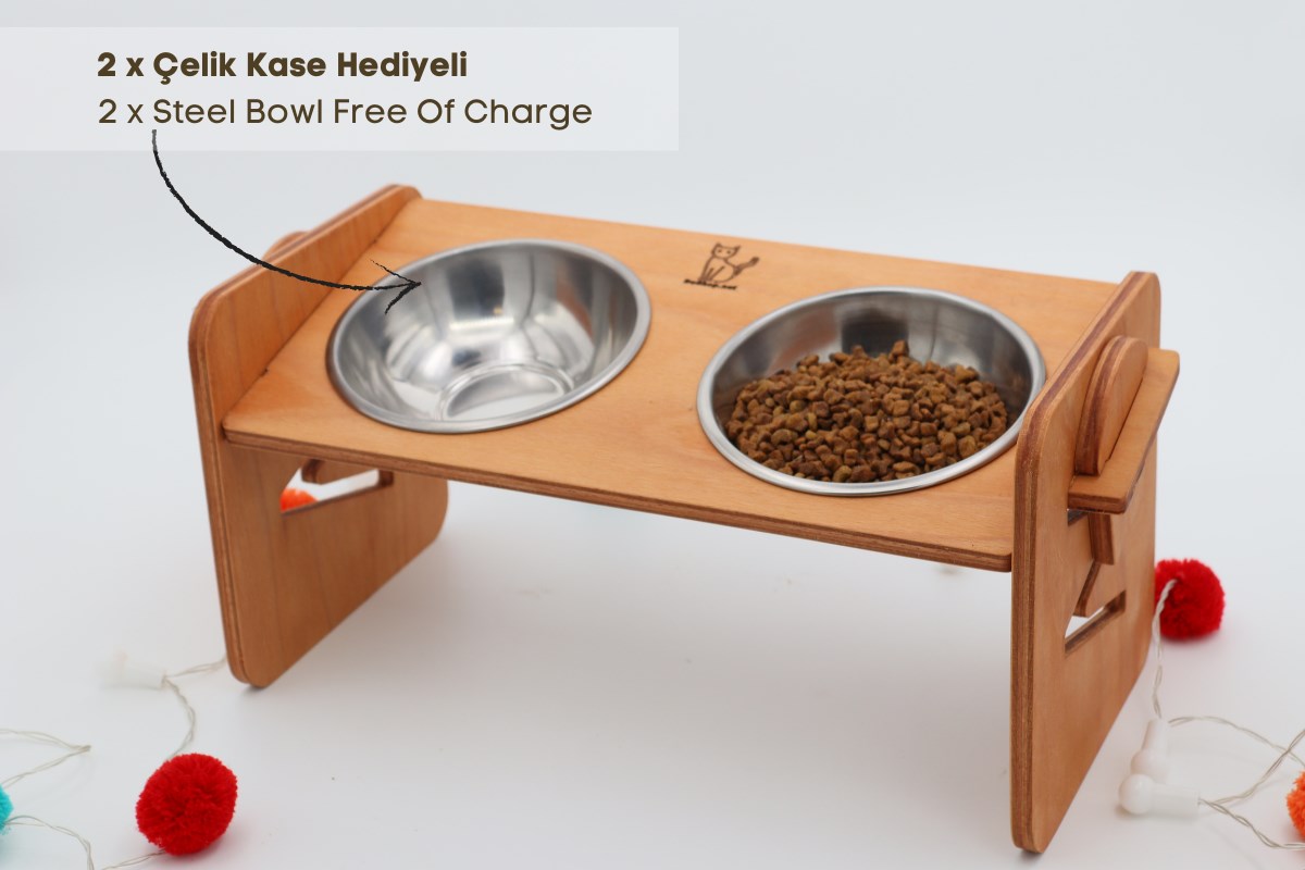 Köpek Kedi Mama Ve Su Kabı-Çelik İki Adet Kase Hediyeli-Kontrplak-Yükseklik Ayarlı-Armut Kiraz-BuShop Ela 