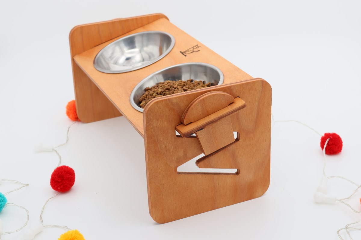 Köpek Kedi Mama Ve Su Kabı-Çelik İki Adet Kase Hediyeli-Kontrplak-Yükseklik Ayarlı-Armut Kiraz-BuShop Ela 