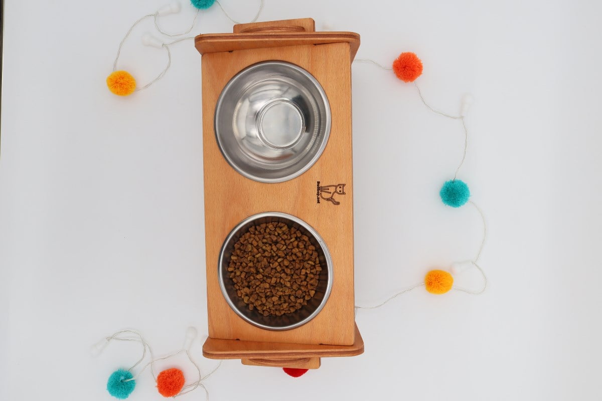 Köpek Kedi Mama Ve Su Kabı-Çelik İki Adet Kase Hediyeli-Kontrplak-Yükseklik Ayarlı-Armut Kiraz-BuShop Ela 