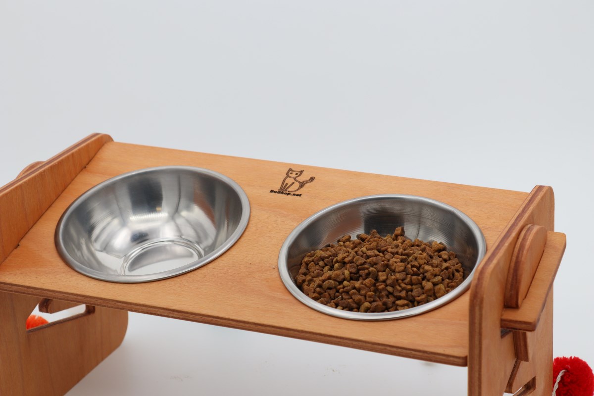 Köpek Kedi Mama Ve Su Kabı-Çelik İki Adet Kase Hediyeli-Kontrplak-Yükseklik Ayarlı-Armut Kiraz-BuShop Ela 