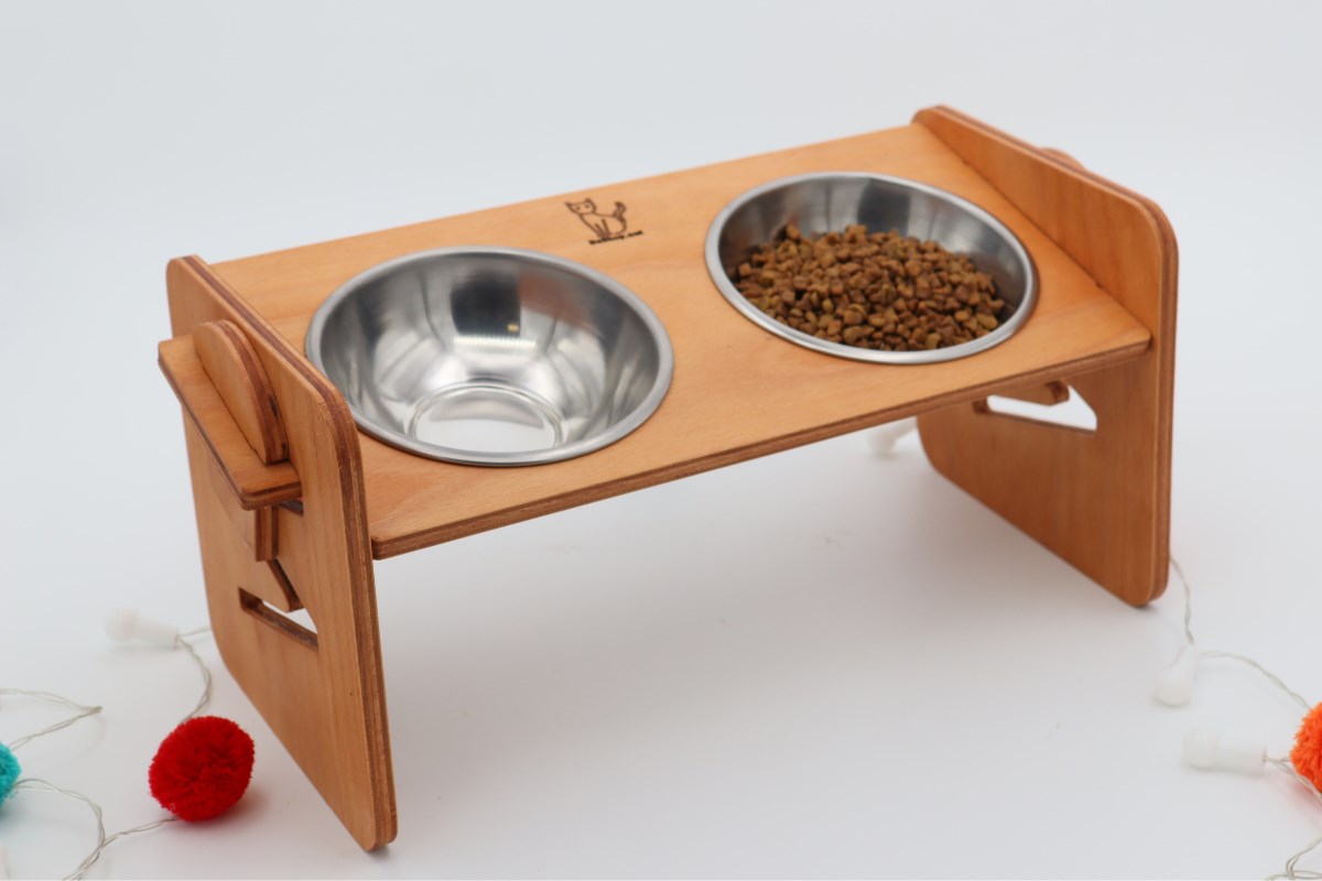 Köpek Kedi Mama Ve Su Kabı-Çelik İki Adet Kase Hediyeli-Kontrplak-Yükseklik Ayarlı-Armut Kiraz-BuShop Ela 