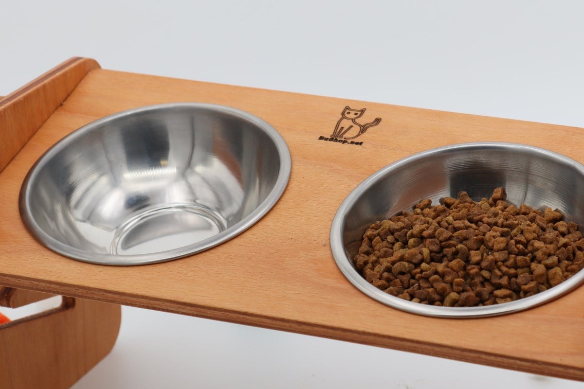Köpek Kedi Mama Ve Su Kabı-Çelik Üç Adet Kase Hediyeli-Kontrplak-Yükseklik Ayarlı-Armut Kiraz-BuShop Ela 