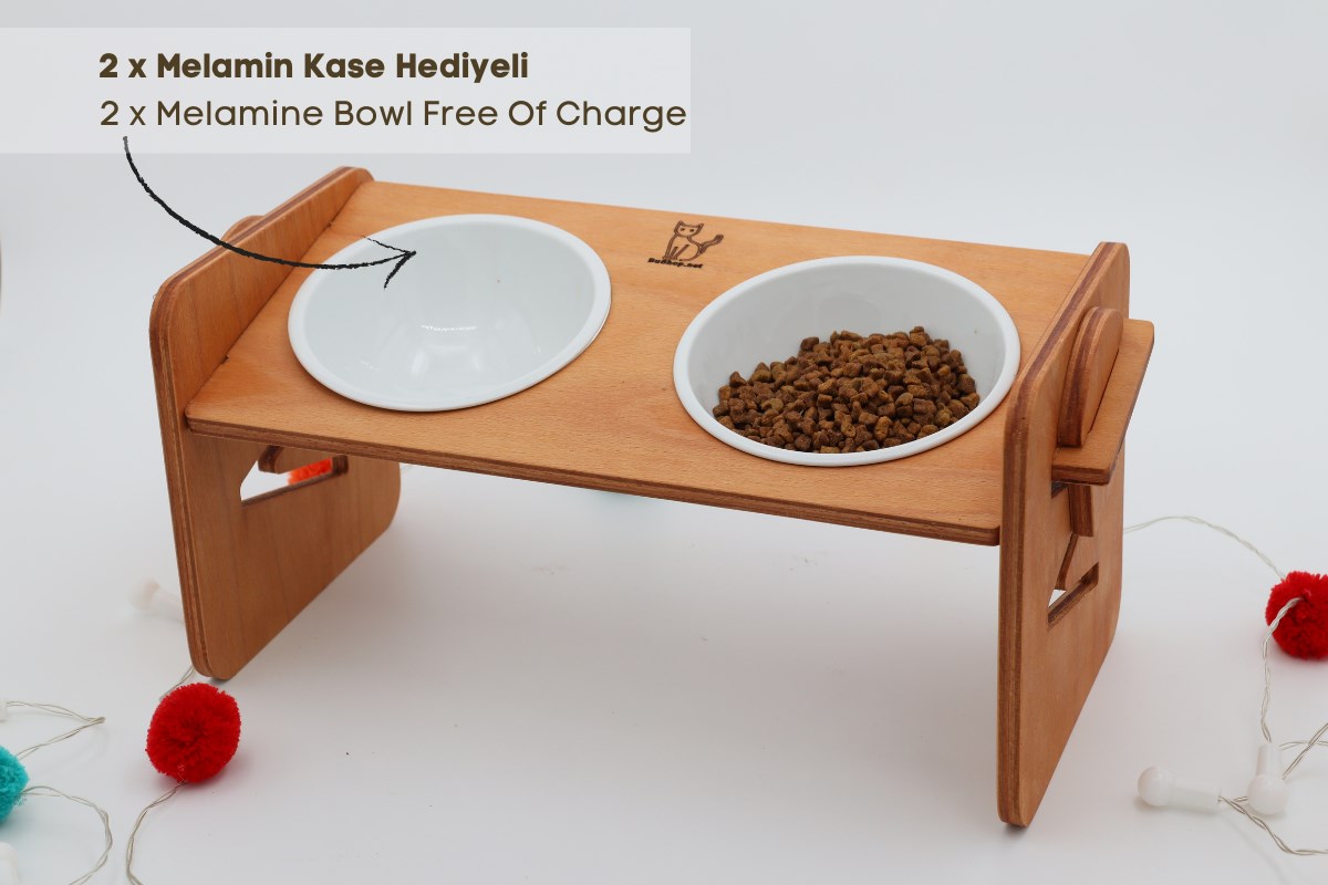 Köpek Kedi Mama Ve Su Kabı-Kırılmaz Melamin İki Adet Kase Hediyeli-Kontrplak Yükseklik Ayarlı-Armut Kiraz-BuShop Ela 