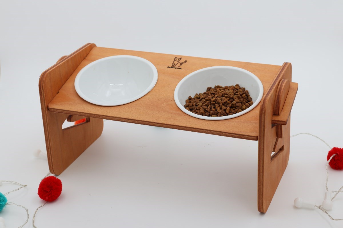 Köpek Kedi Mama Ve Su Kabı-Kırılmaz Melamin İki Adet Kase Hediyeli-Kontrplak Yükseklik Ayarlı-Armut Kiraz-BuShop Ela 