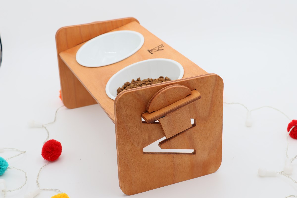 Köpek Kedi Mama Ve Su Kabı-Seramik İki Adet Kase Hediyeli-Kontrplak-Yükseklik Ayarlı-Armut Kiraz-BuShop Ela Preminyum 